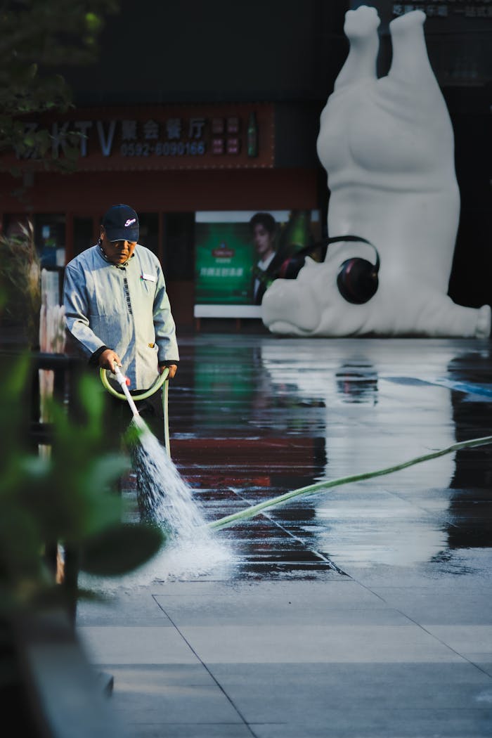 A worker cleans a pavement with a hose beside a large white sculpture in urban setting.