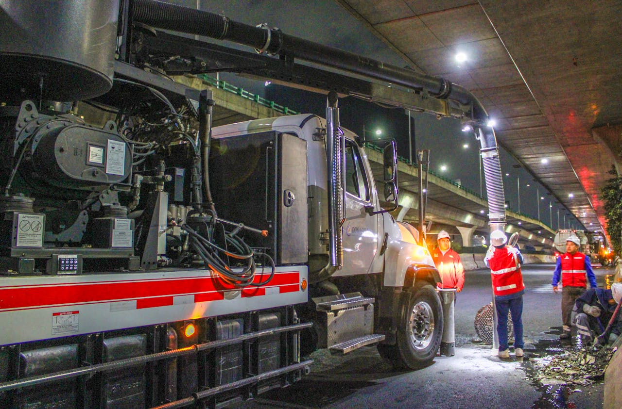 hero-img-01 Workers cleaning streets with machinery under an overpass at night.